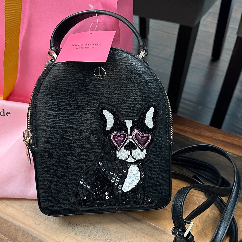 Kate Spade Black Mini Convertible Backpack Bag with French Bulldog Design